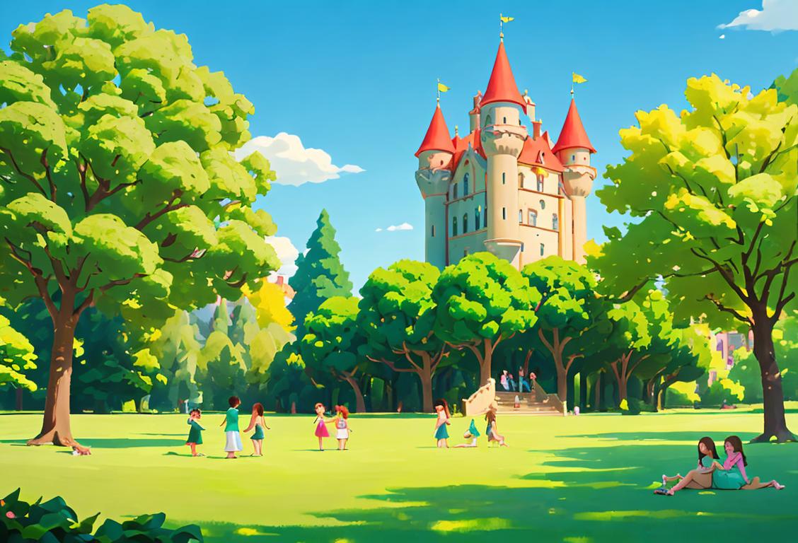 A cheerful group of people building a giant block castle in a park, wearing colorful summer clothes, surrounded by green trees and blue skies..