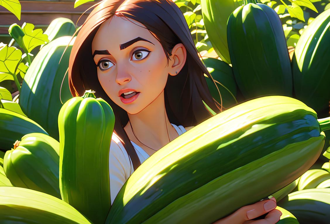 Young woman holding a zucchini, dressed in a gardening outfit, surrounded by vibrant vegetables in a sunny backyard garden..