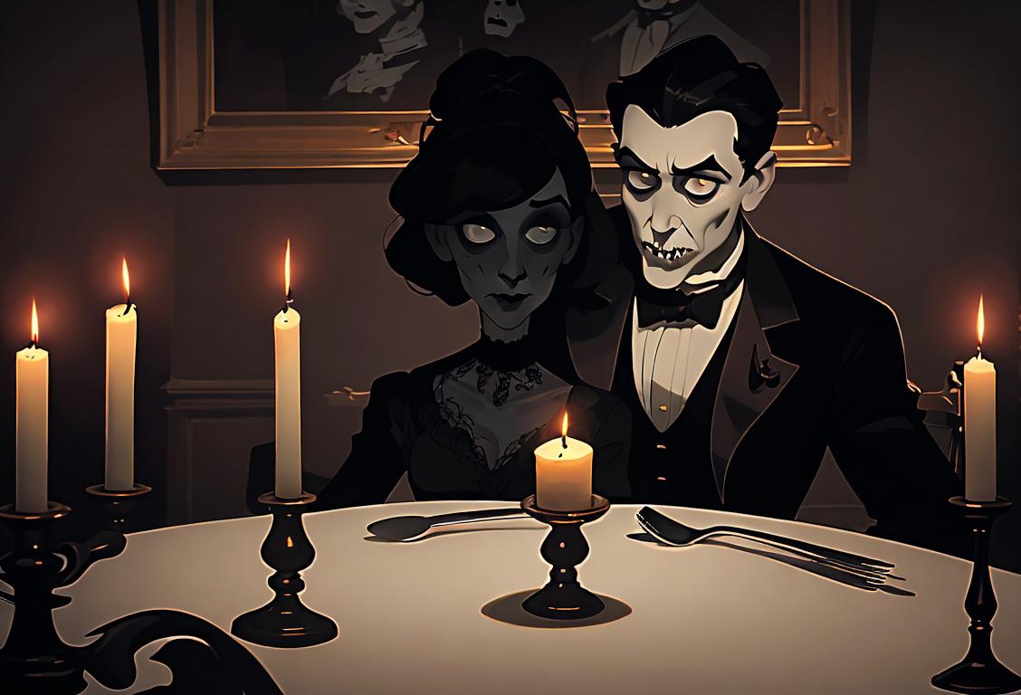 A spooky couple, dressed in elegant Victorian attire, sharing a candlelit dinner in a haunted mansion adorned with cobwebs and eerie decor..
