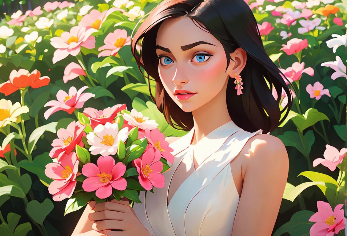 Young woman holding beautiful flower bouquet, wearing a floral dress, surrounded by vibrant spring garden..