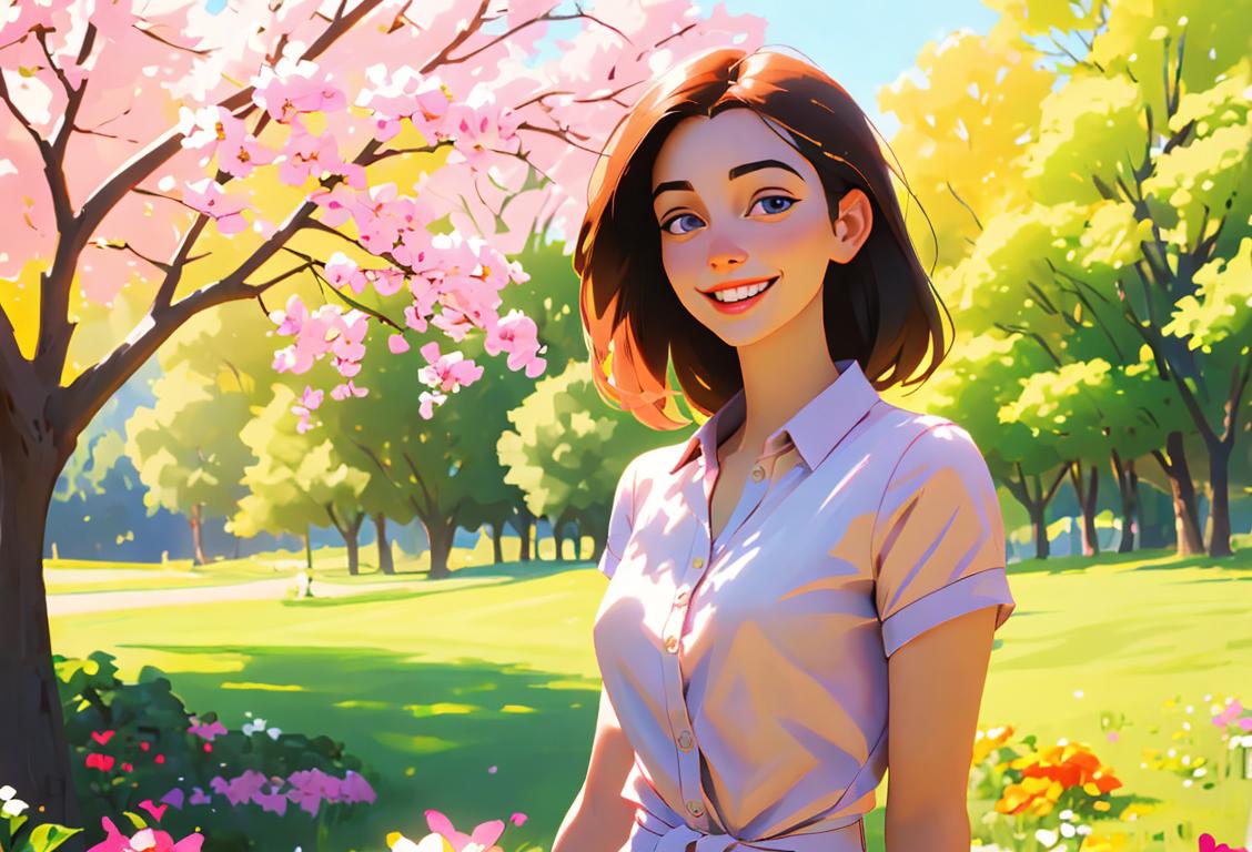 Young woman smiling, wearing comfortable clothes, in a peaceful nature setting with flowers and sunshine. .