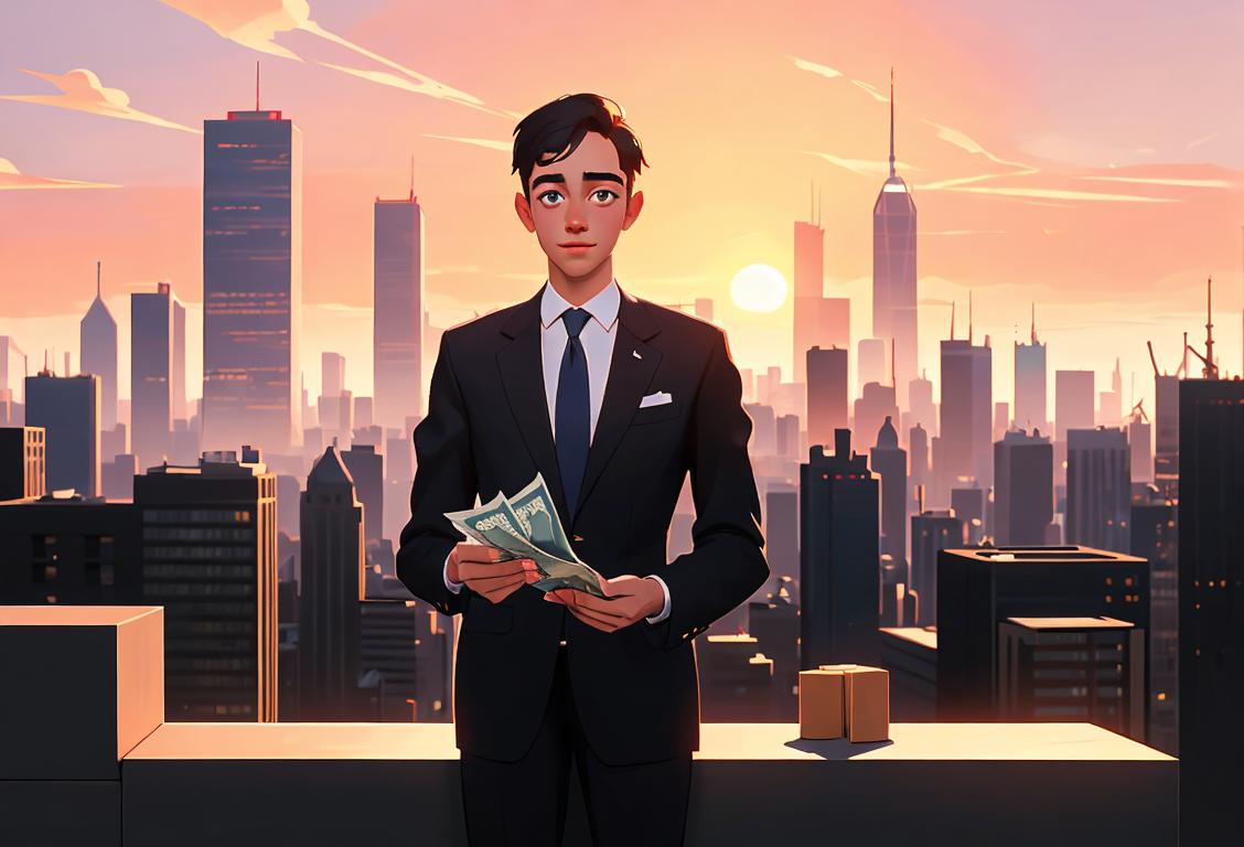 Young person in business attire, holding a stack of money, standing confidently in front of a city skyline at sunset..