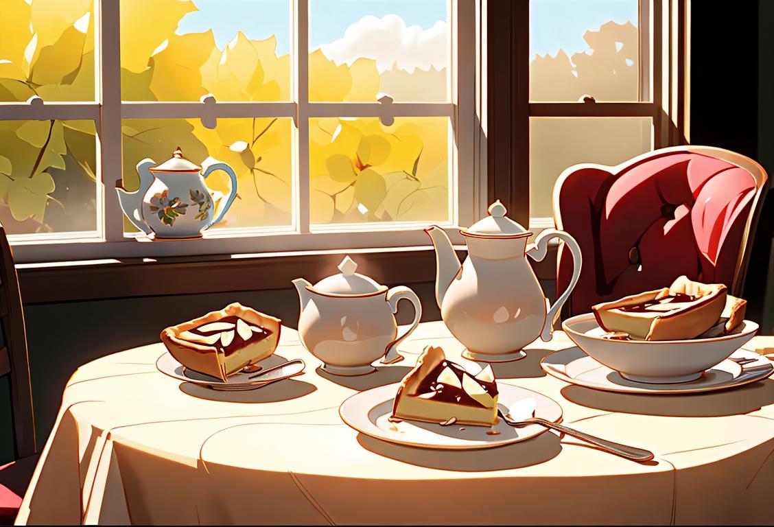 Slice of pie for breakfast with a steaming cup of coffee, cozy chair by a sunny window, floral tablecloth, vintage breakfast scene..