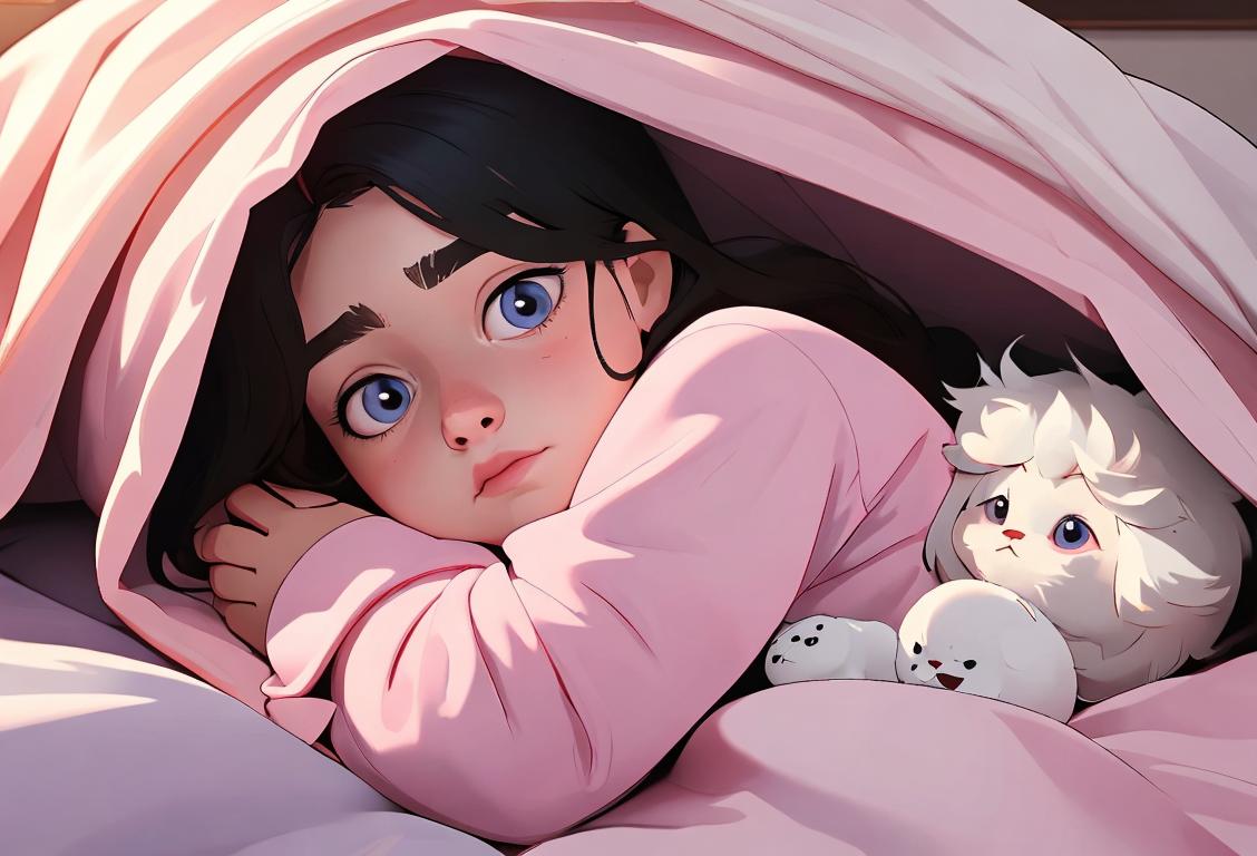 Young person in cozy pajamas, surrounded by fluffy pillows and blankets, with a peaceful bedroom scene.