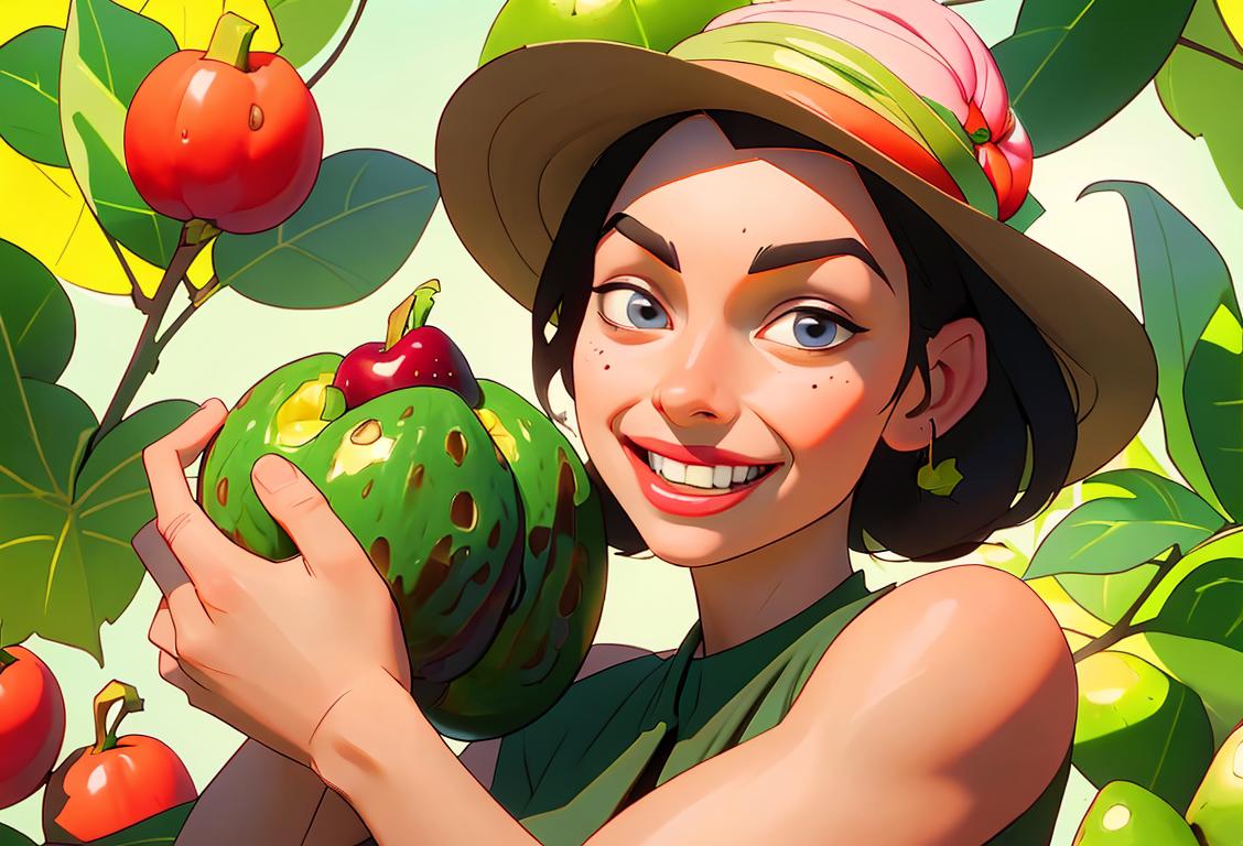 Smiling person holding an avocado, wearing a chef's hat, surrounded by vibrant fruits and vegetables at a bustling farmer's market..