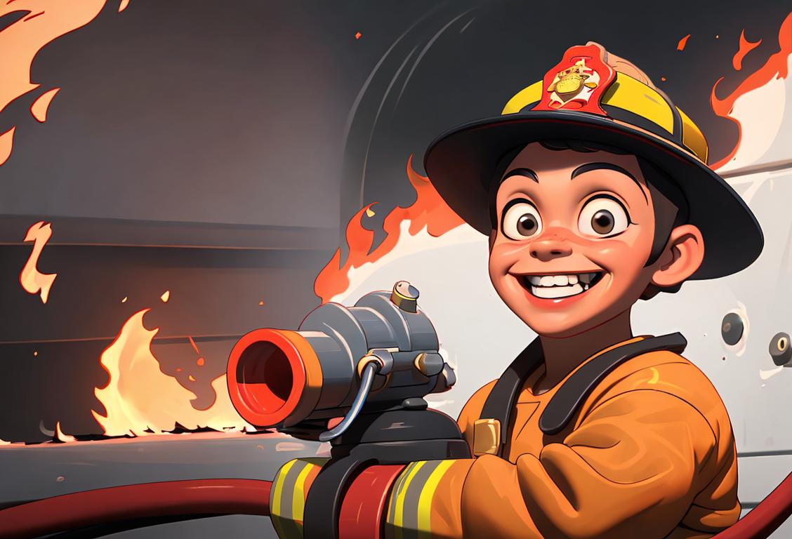 Firefighter in uniform, smiling and holding a fire hose, surrounded by children wearing firefighter hats, in a school setting..