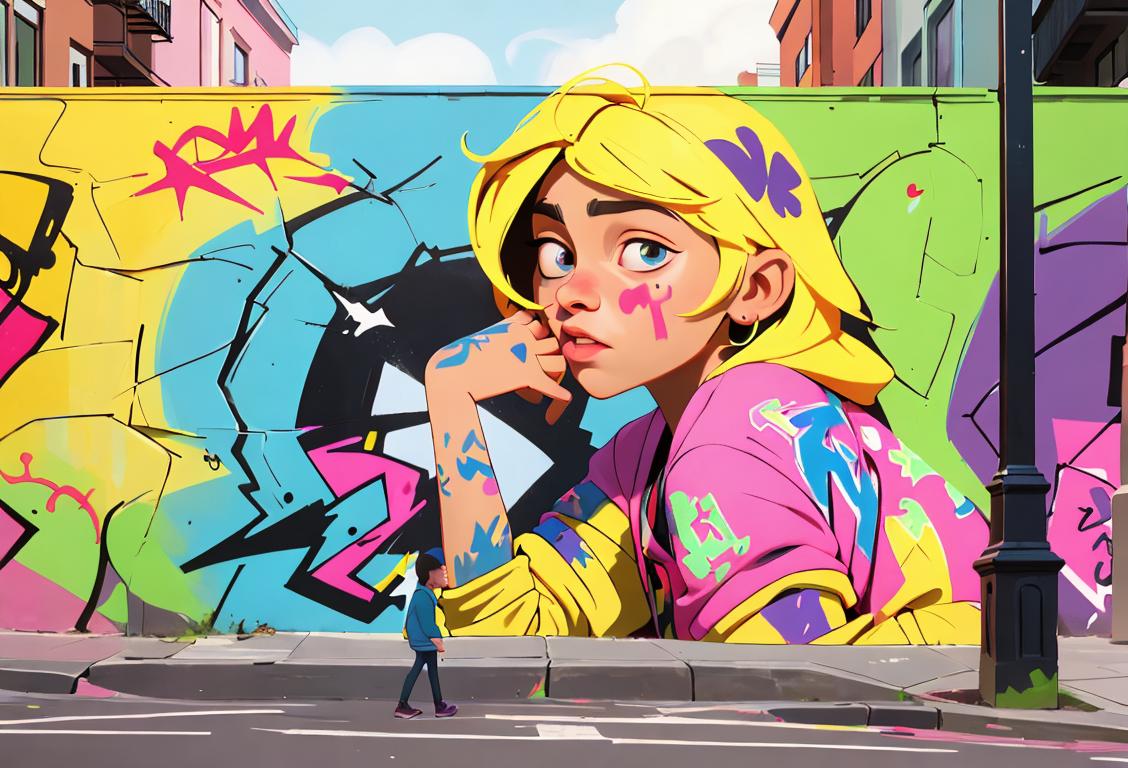 Young people engaging in a side thing, wearing casual attire, urban street scene with colorful graffiti art..