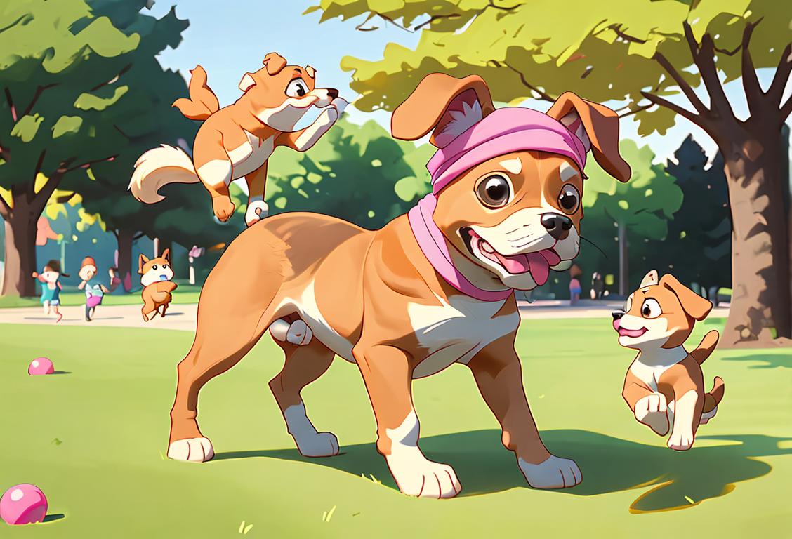 Adorable pupper with wagging tail and a colorful bandana, surrounded by playful children in a sunny park..
