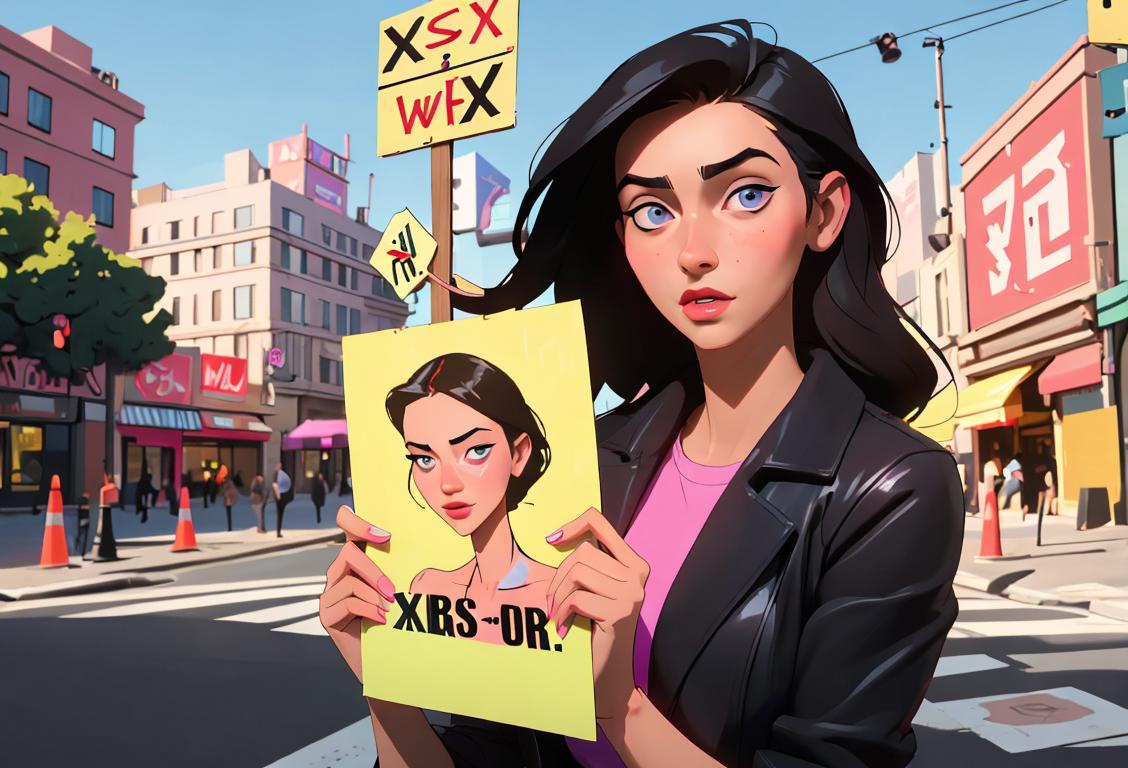 Young woman holding a sign that reads 'Sex Work is Real Work', wearing a colorful outfit, urban city backdrop.