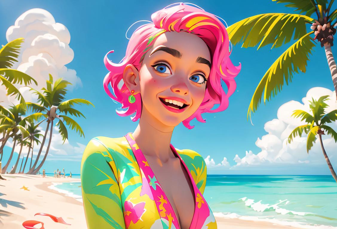Young woman with a joyful expression, wearing vibrant, tropical clothing, surrounded by a beach setting of inflatable palm trees, celebrating National nia Day..