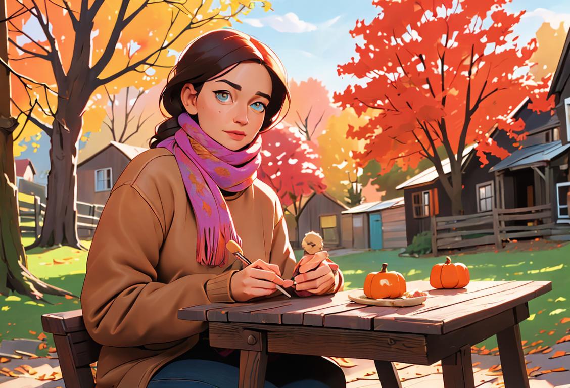 Person knitting a colorful scarf, wearing a cozy sweater, surrounded by a rustic, autumnal setting..