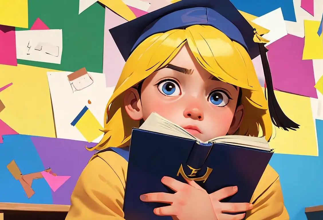 Young child holding a book, wearing a graduation cap, in a school classroom with colorful decorations..