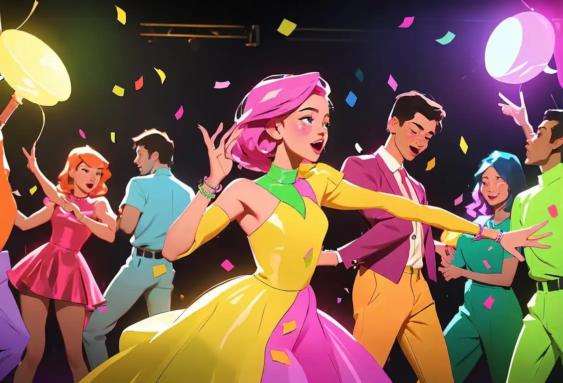 Young people dancing at a colorful party, wearing flashy outfits and holding party props, surrounded by confetti and disco lights..