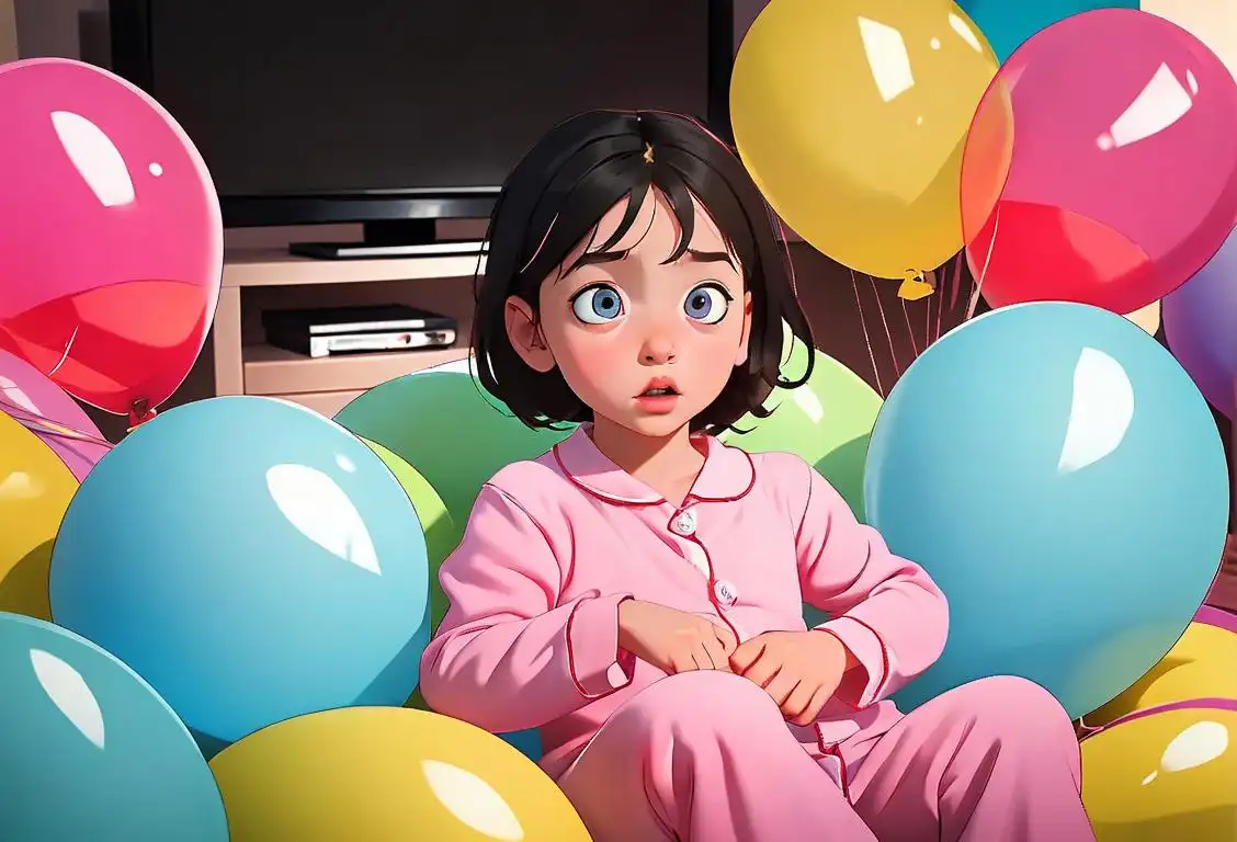 Young child watching TV with wide-eyed amazement, surrounded by colorful balloons, wearing pajamas, cozy living room setting..