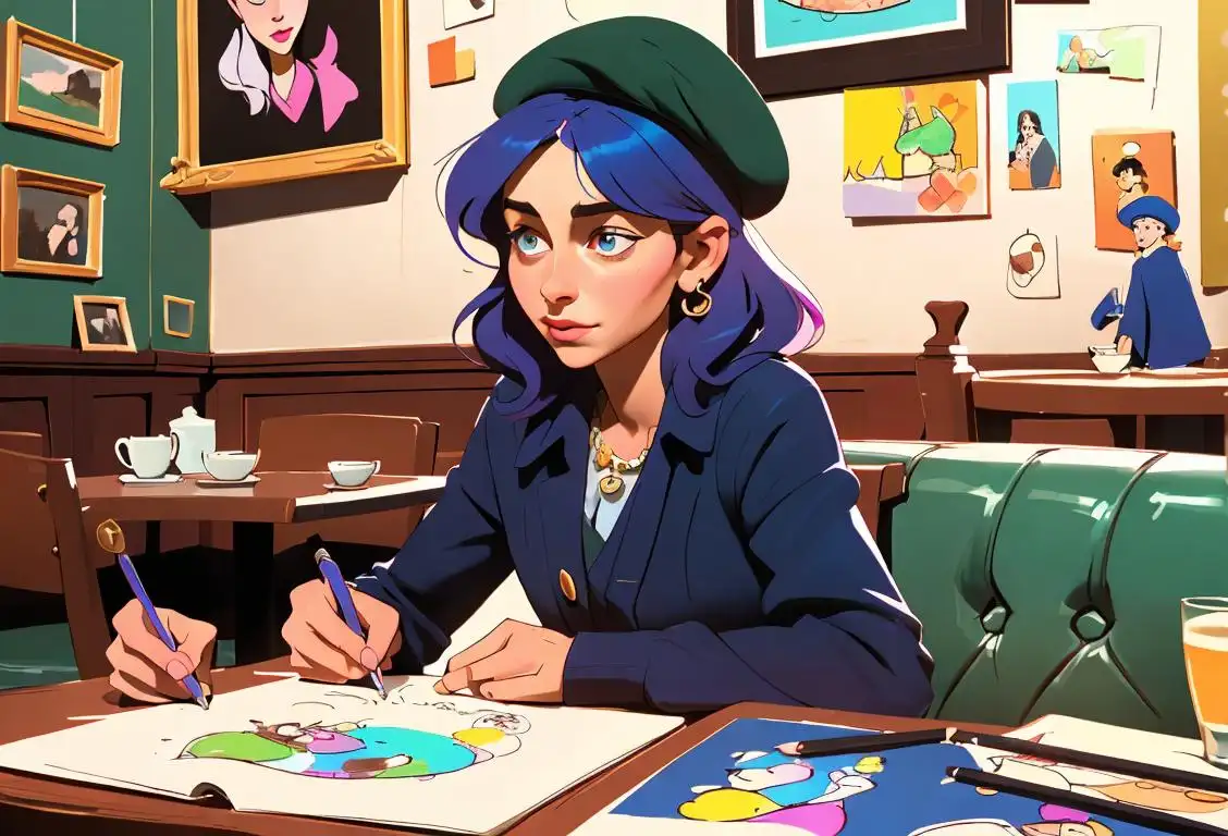 Delightful scene of a person doodling in a cozy cafe, wearing a beret, artistic bohemian fashion, surrounded by colorful sketches and inspiration..