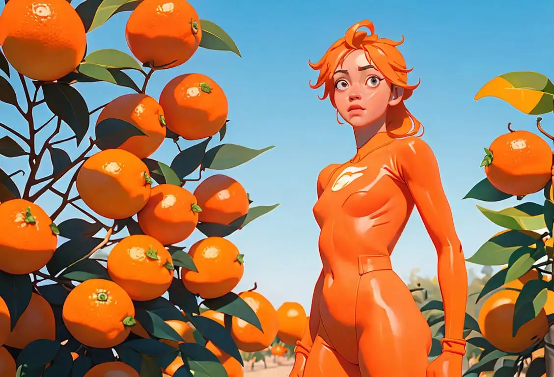 Person wearing orange outfit, holding an orange, standing in a sunny citrus grove..