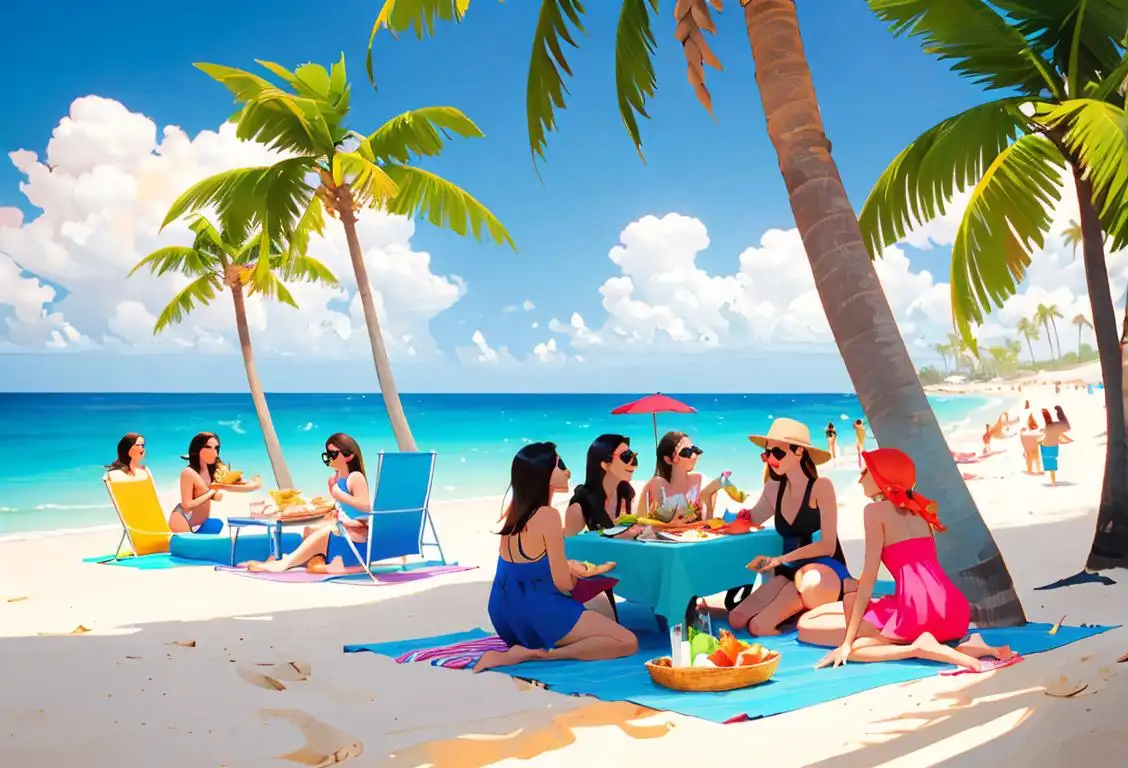 Group of friends at the beach, enjoying a picnic with a colorful spread of delicious food, wearing summer outfits and surrounded by palm trees..