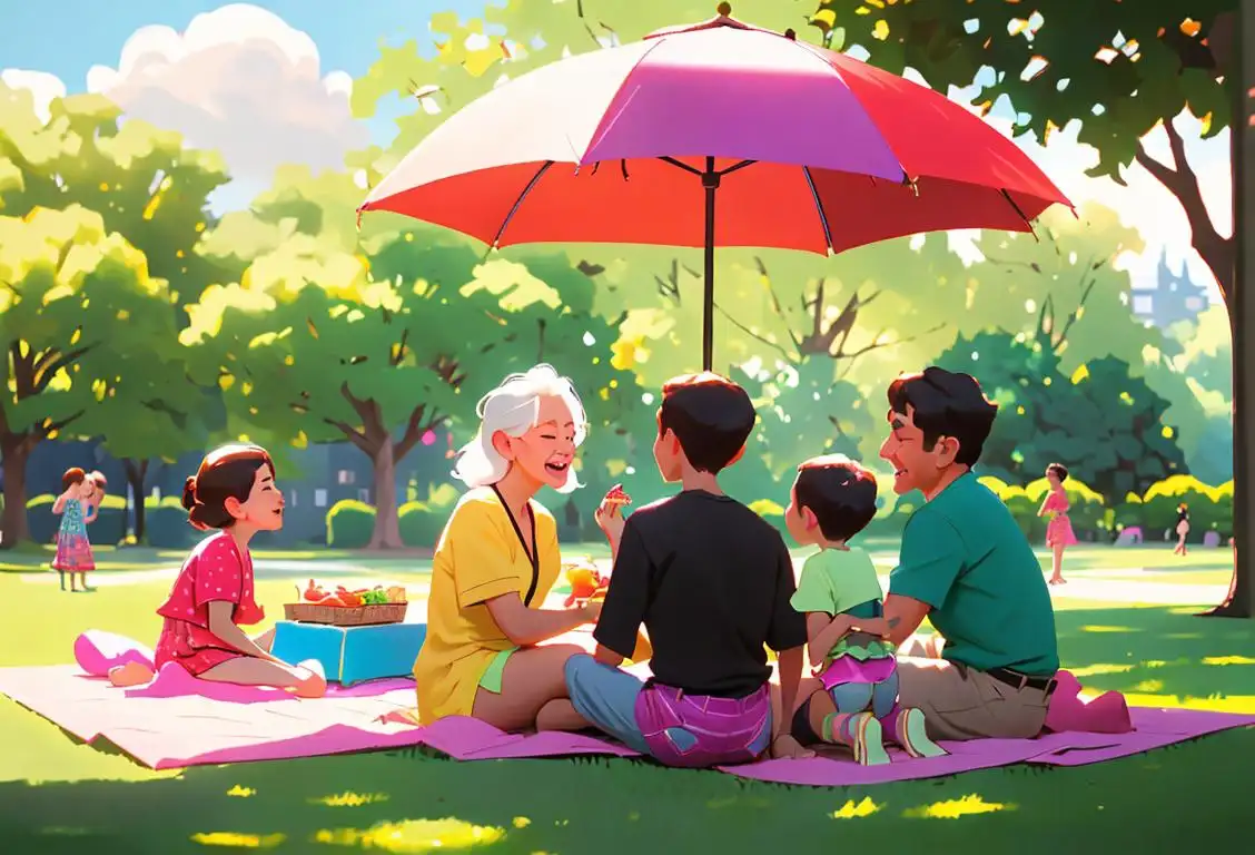 Happy multi-generational family enjoying a picnic in a park, wearing colorful outfits, surrounded by beautiful summer scenery..