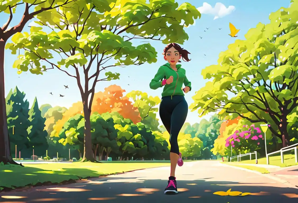 Active woman jogging in a scenic park, wearing athletic gear and a colorful fitness tracker, surrounded by lush green trees and birds chirping in the background..