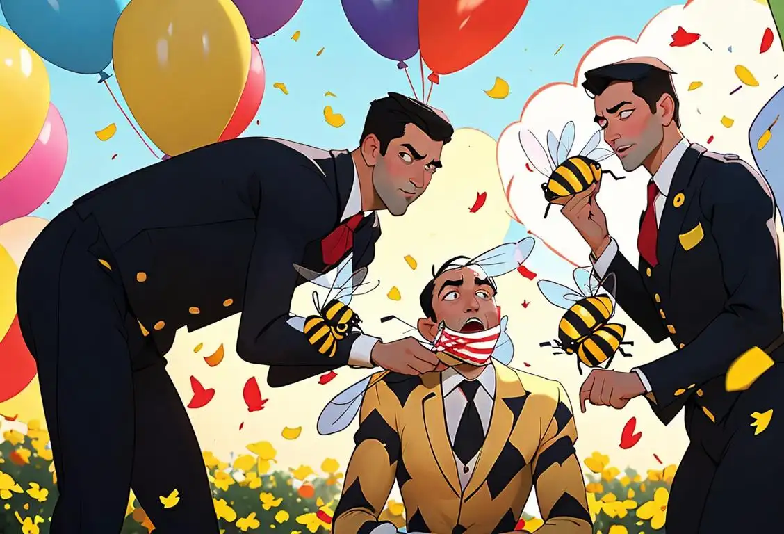 A group of stylishly dressed, bee-loving men celebrating their independence with confetti-filled air, in a vibrant urban park..