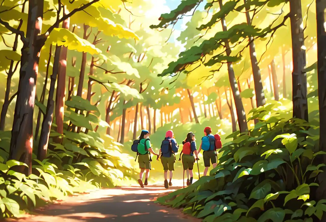 A diverse group of people, wearing colorful outdoor clothing, hiking in a scenic forest, with beautiful sunlight filtering through the trees..