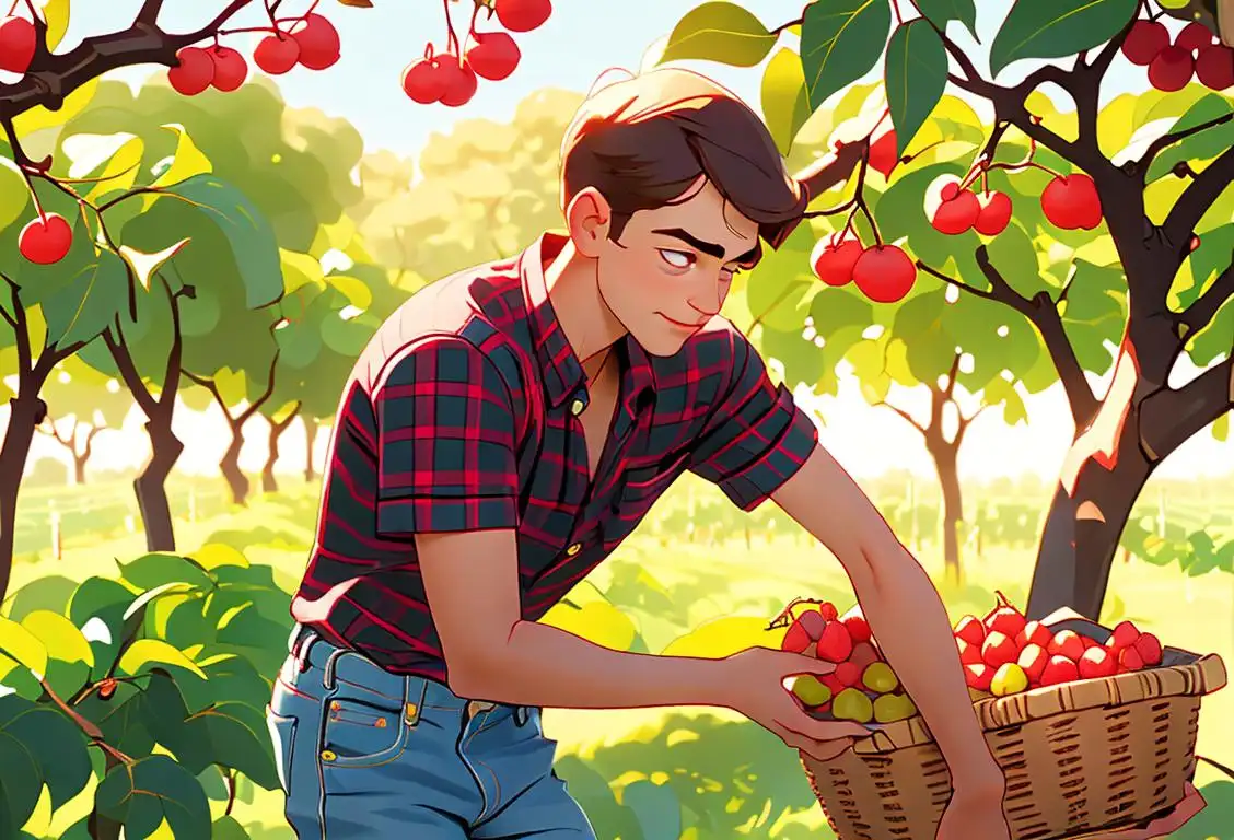 Young person named Barry picking fresh berries in a sunny orchard, wearing a plaid shirt, vintage denim shorts, surrounded by lush green trees..