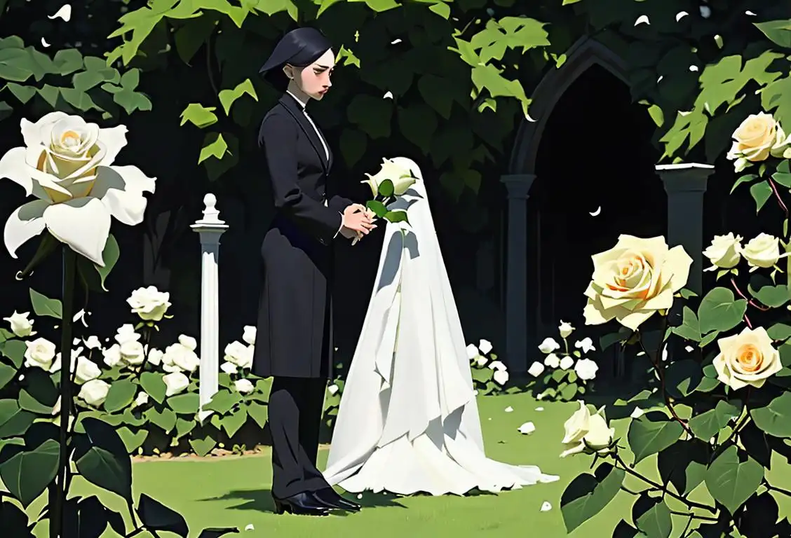 A person holding a single white rose, dressed in black attire, standing in a peaceful garden..