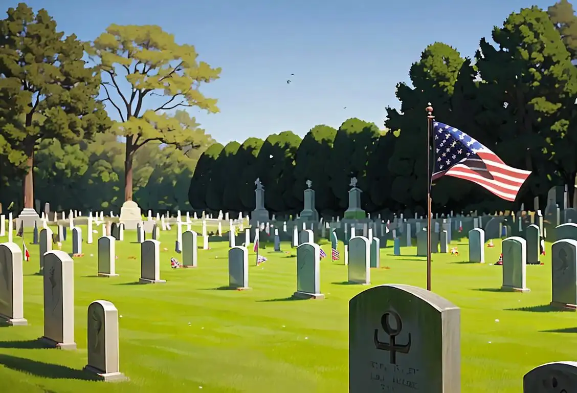 Group of people somberly walking through a serene cemetery, with American flags waving gently in the background, dressed in formal attire..