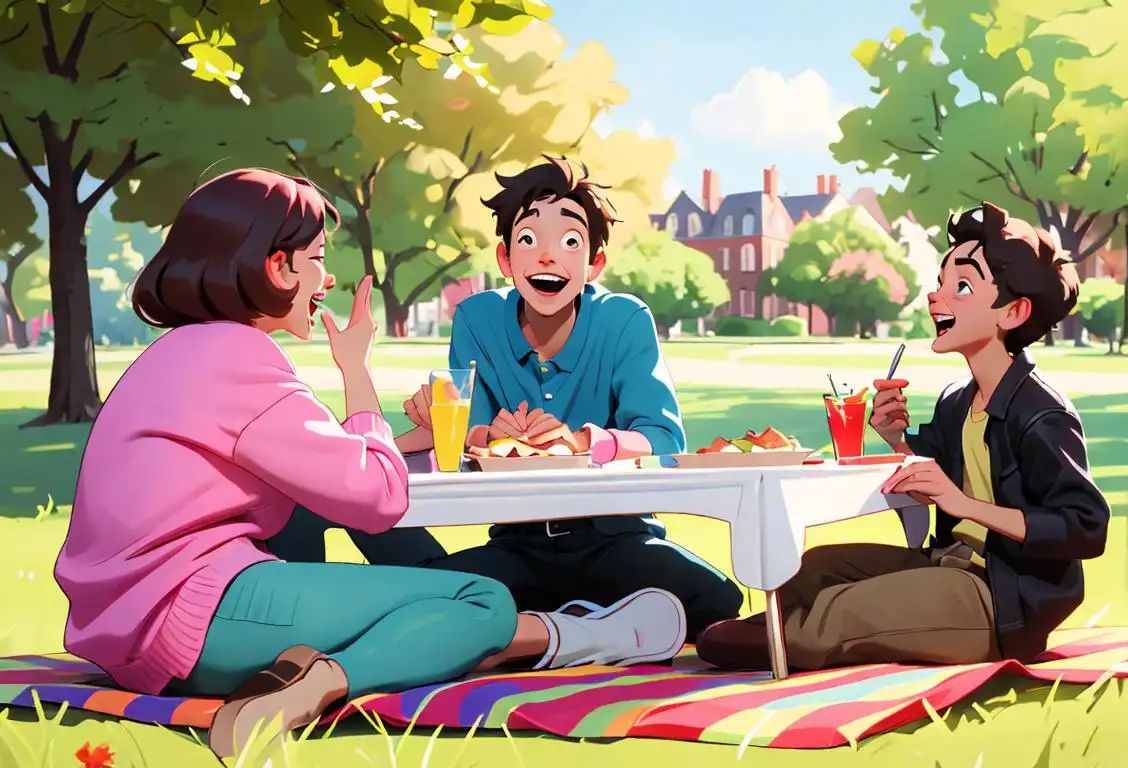 A group of friends laughing and having fun, wearing colorful clothes, outdoor picnic setting, with one person playfully pretending not to see Jacob..