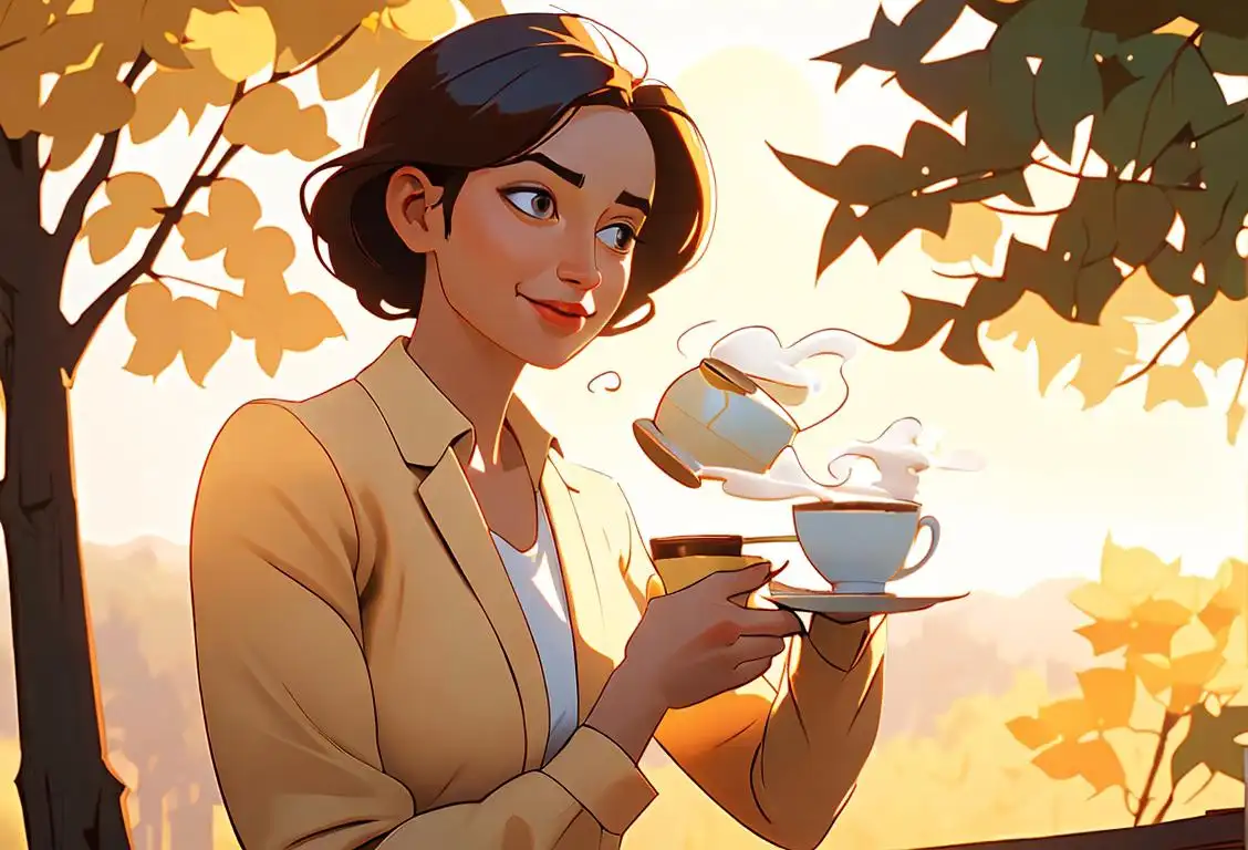 A bright and cheerful image of a person holding a steaming cup of coffee, surrounded by golden sunlight and nature..