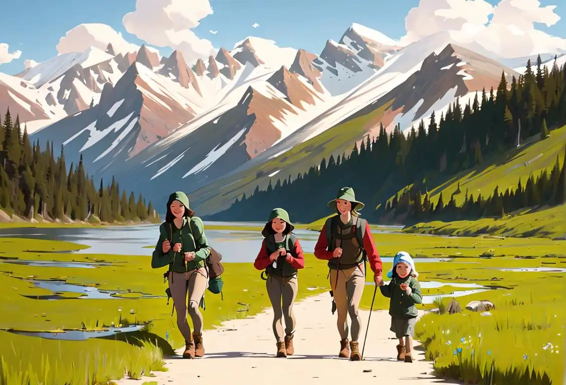 A family of hikers enjoying the beautiful scenery of a wildlife refuge, dressed in outdoor gear and exploring nature together..