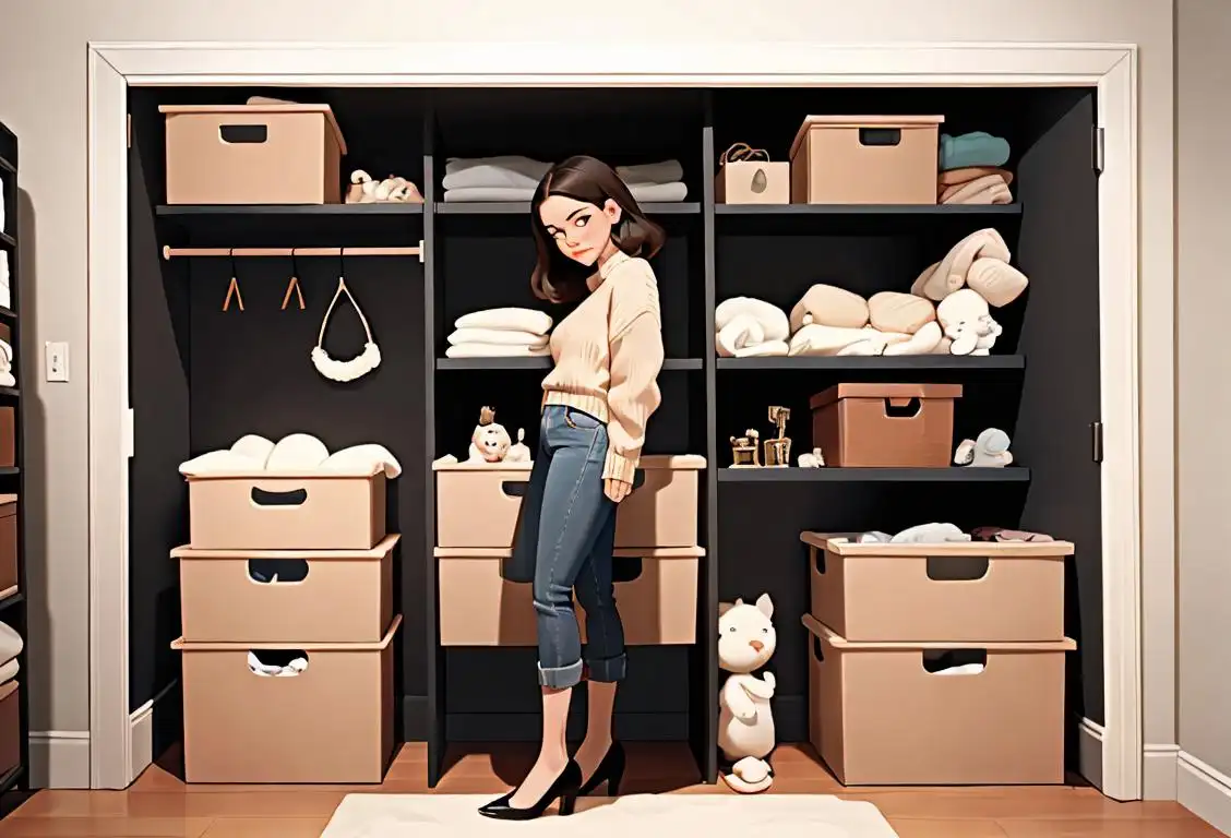 Young woman organizing a closet, wearing a cozy sweater, minimalistic interior design, surrounded by storage bins and decorative labels..