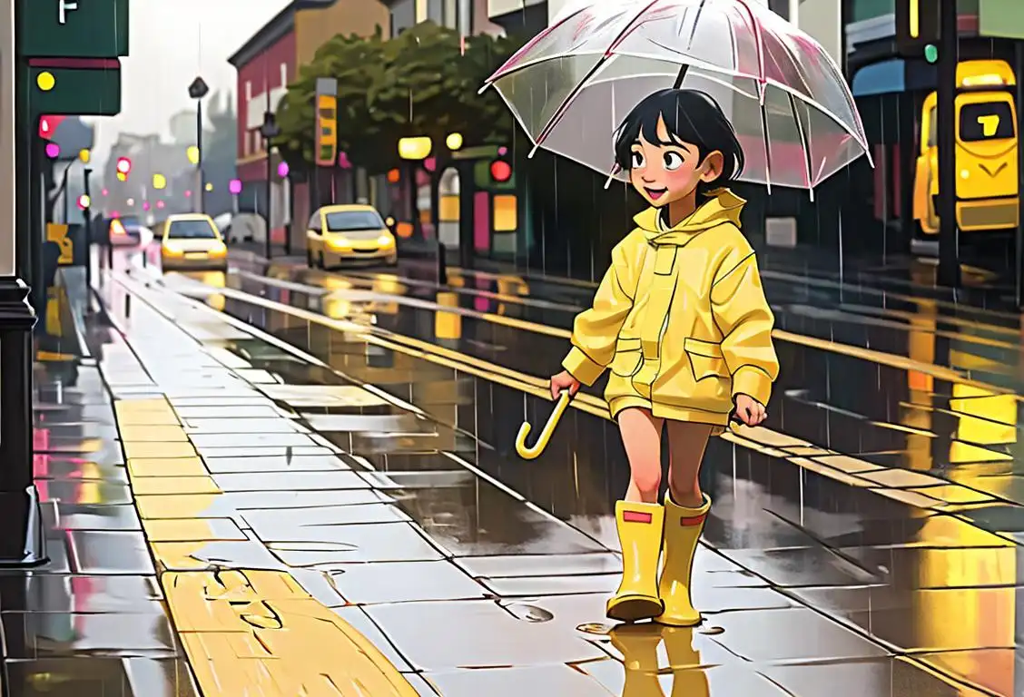 A child wearing yellow rainboots, holding a colorful umbrella, jumping in puddles on a rainy street.
