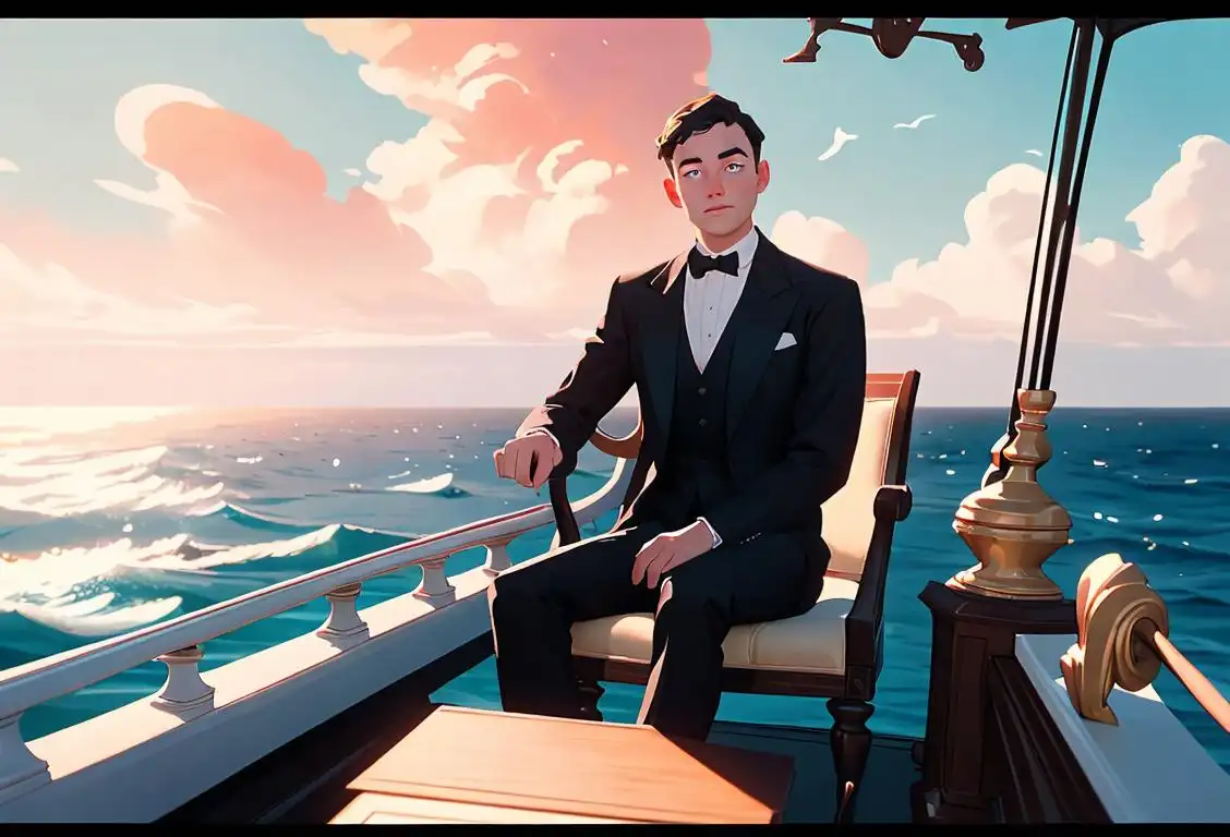A young individual confidently steering a ship, dressed in formal attire, against a serene ocean backdrop..