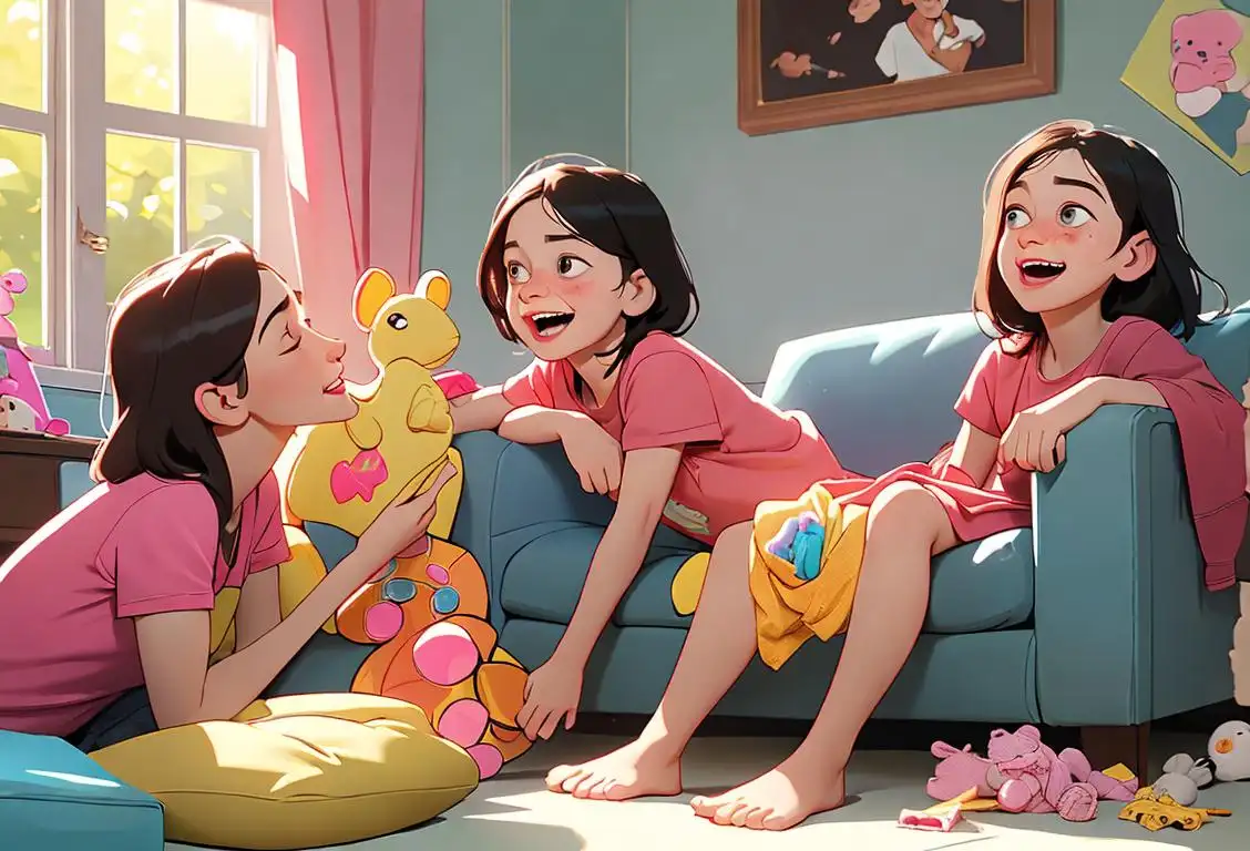Family members laughing and relaxing on a messy couch, wearing casual clothes, surrounded by unfolded laundry and toys..