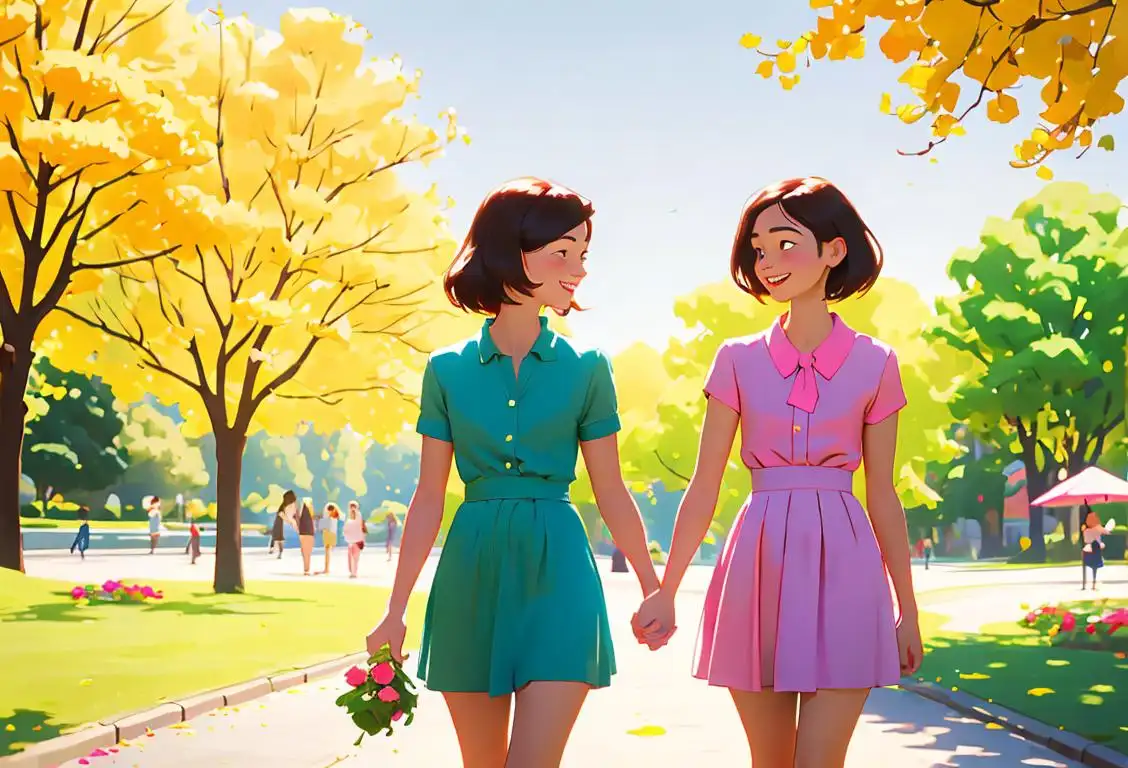 Young women in matching outfits, holding hands, walking through a sunny park, with flowers and smiles all around..