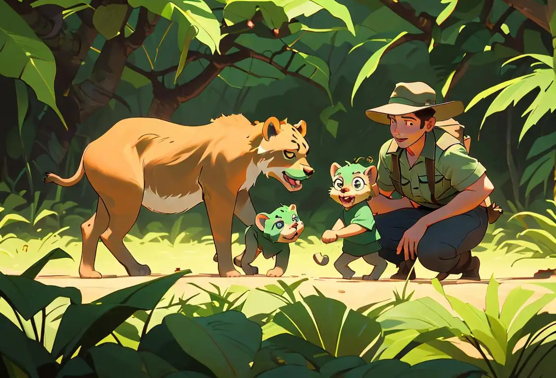 Two people dressed in safari gear, surrounded by playful cubs, exploring a lush green jungle..