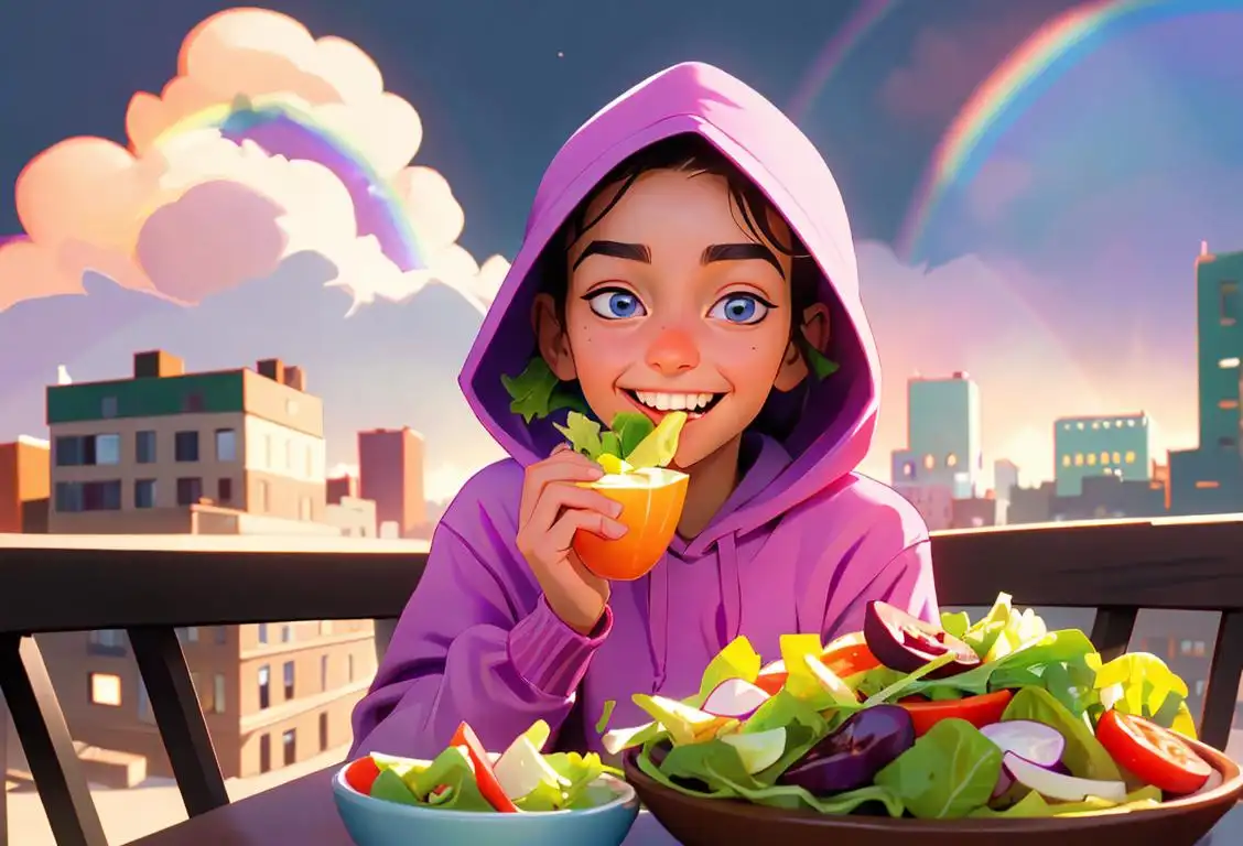 Young person smiling while eating a colorful salad, wearing a trendy hoodie, urban cityscape setting, with a rainbow in the background..