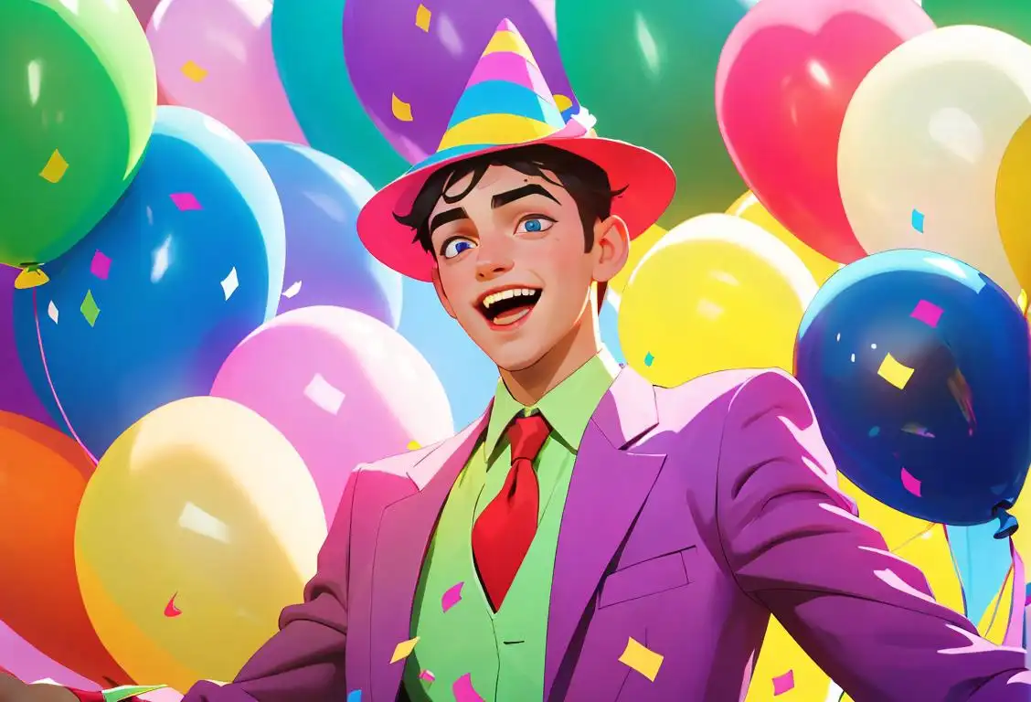 Young man dancing with joy, wearing a party hat and colorful attire, surrounded by balloons and confetti..