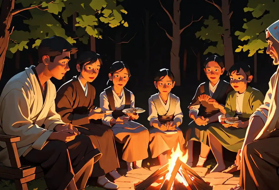 A diverse group of people gathered around a campfire, engrossed in storytelling. Some are dressed in traditional attire, others in modern clothing, creating a rich cultural tapestry..