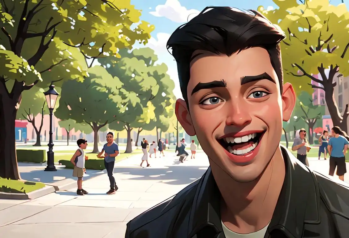 Young man named Carlos laughing with friends, wearing trendy clothes, urban park scene.