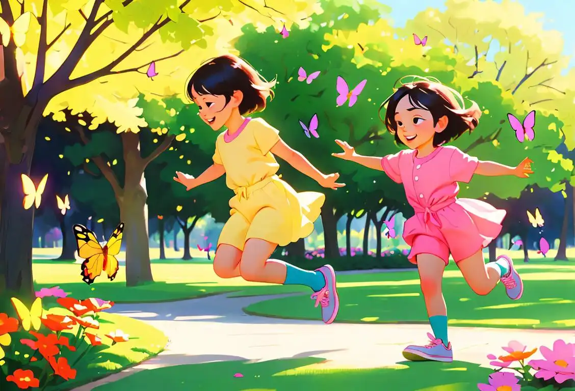Young children joyfully skipping outdoors, wearing colorful sneakers, sunny park setting, surrounded by butterflies and blooming flowers..