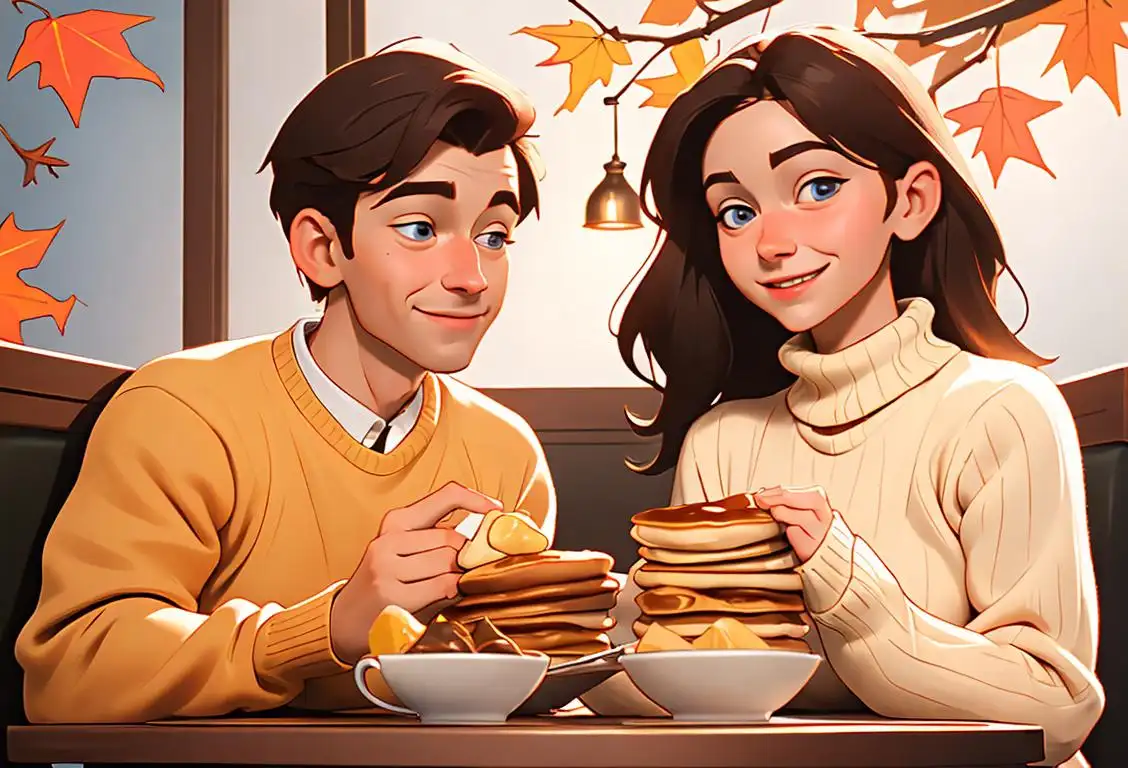 Young couple joyfully sharing a stack of honey pancakes, dressed in cozy sweaters, autumn-themed cafe setting..