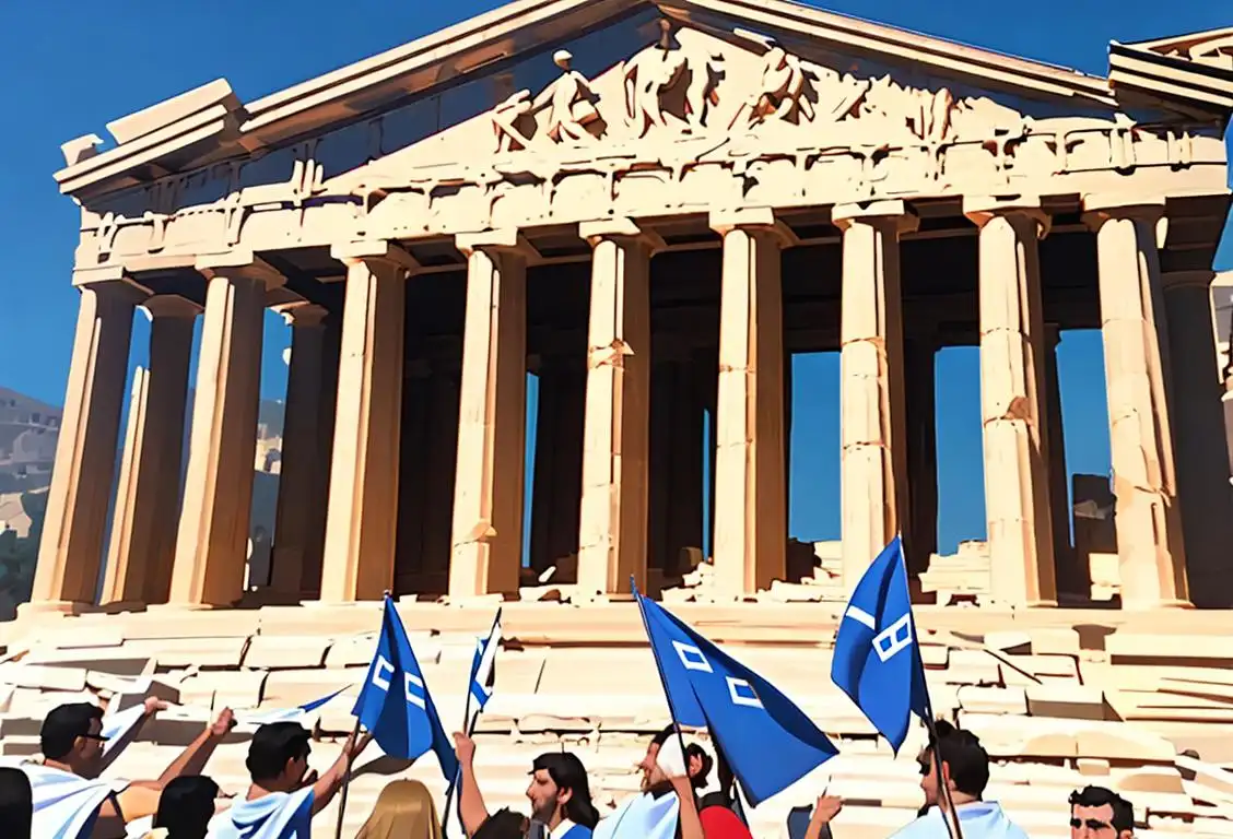 A group of people holding Greek flags, wearing traditional attire, posing in front of the Parthenon..