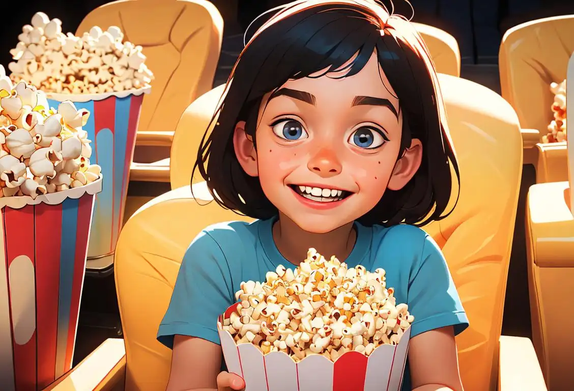 Happy young child at a movie theater, wearing a popcorn-themed shirt, surrounded by colorful popcorn buckets and smiling friends..