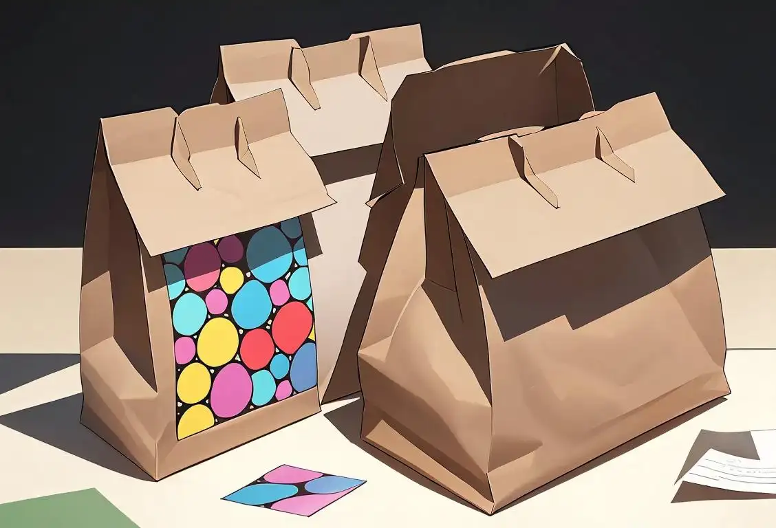 Colorful array of paper bags with different patterns and sizes, featuring a fashion-forward individual showcasing their creative outfit and accessories while holding a paper bag..