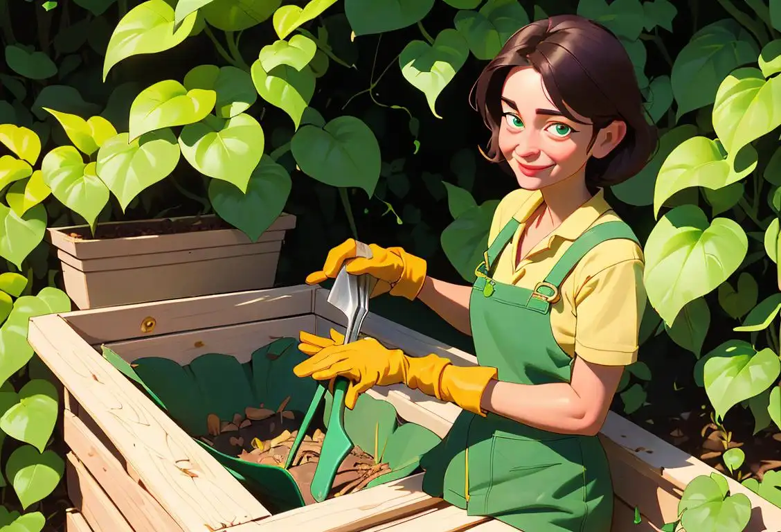 Happy person surrounded by vibrant green plants, wearing gardening gloves and holding a compost bin. Garden tools and a sunny backyard setting..