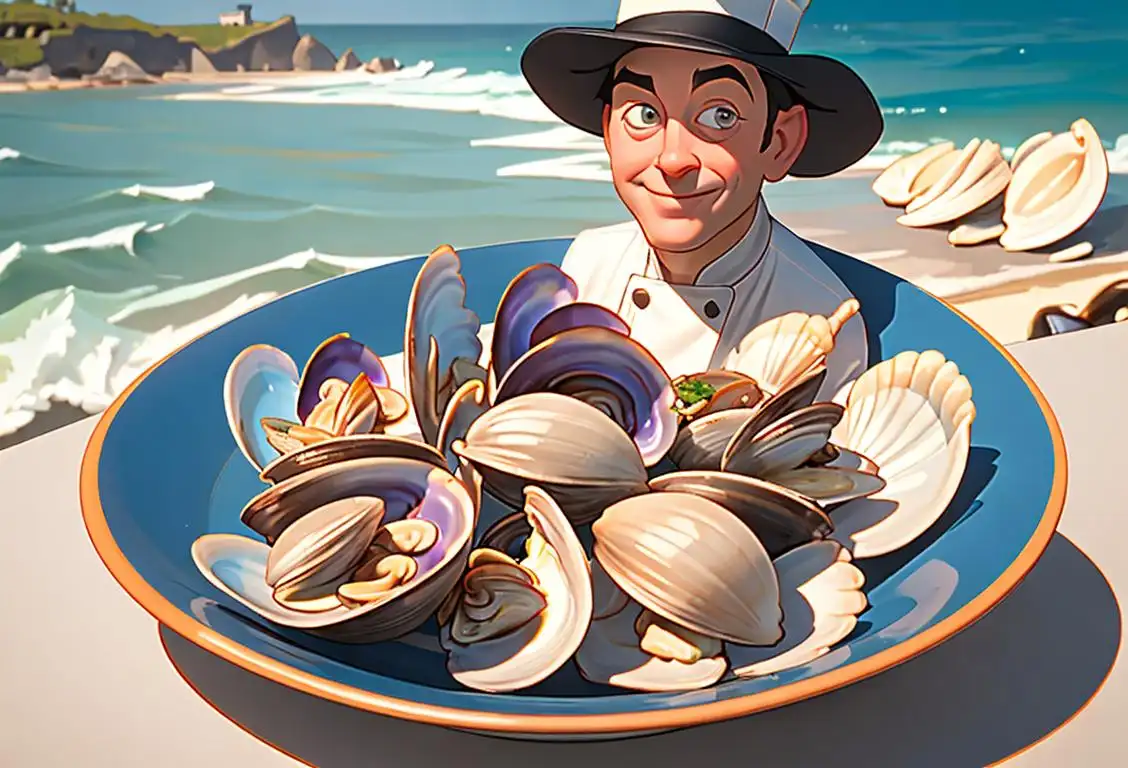 A smiling person with a chef hat holding a plate of half shell clams, coastal scenery in the background.
