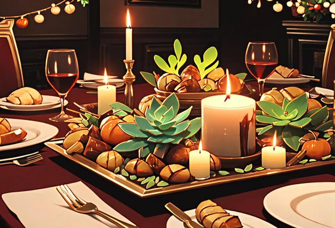 A festive table set with a succulent roast, surrounded by friends and family, adorned with autumnal decorations and warm candlelight..