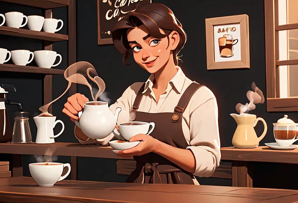 A cheerful barista serving a steaming cup of espresso cafecito, wearing a trendy apron in a cozy cafe with rustic interior design..